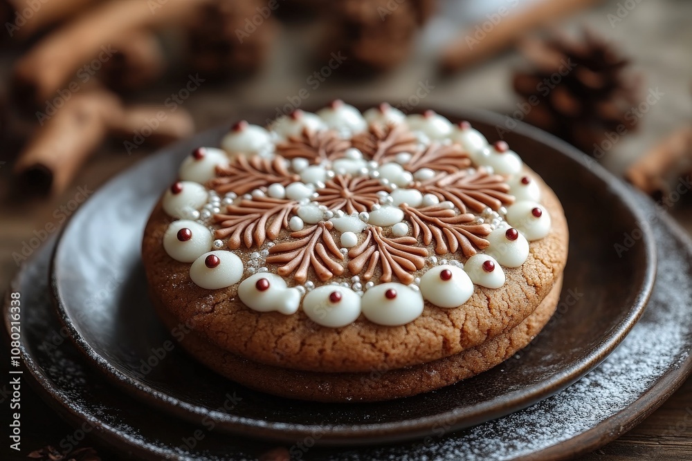 A festive gingerbread cookie with intricate icing decorations is showcased from a top-down perspective. The cookie is placed on a rustic plate, surrounded by warm holiday elements.
