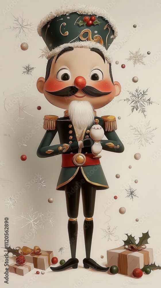 A festive nutcracker soldier stands proudly holding a small snowman. The background features colorful ornaments and snowflakes, creating a joyful winter atmosphere perfect for the holidays.