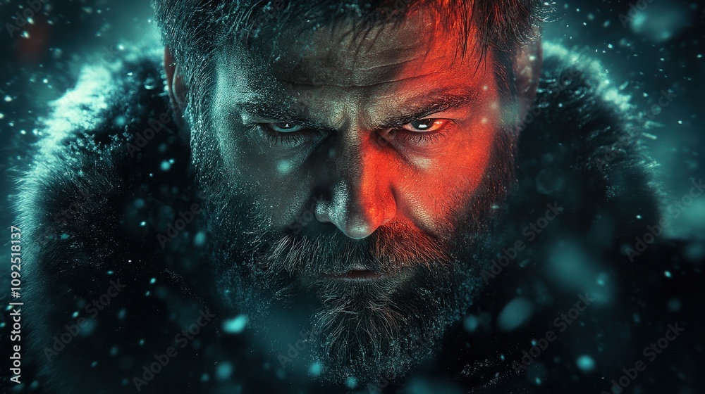 A fierce warrior stares intensely into the distance, surrounded by falling snowflakes. The dramatic lighting highlights his rugged features and fur-lined attire, evoking a sense of perseverance.