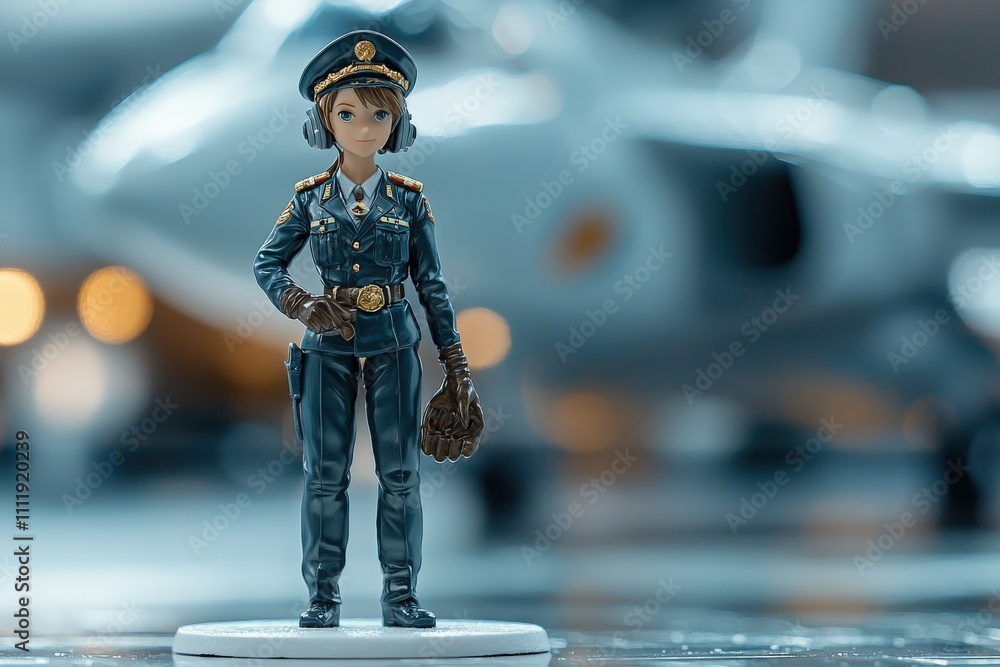 A figurine of a military officer is prominently displayed with a confident stance. The character wears a uniform and headphones, set against a blurred background of an aircraft.