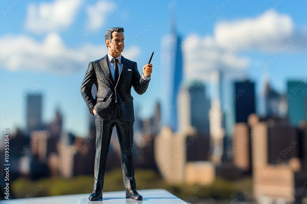 A finely crafted figure in a tailored suit stands confidently, holding a pen, against a blurred urban skyline. The bright day highlights the skyscrapers, creating a vibrant atmosphere.