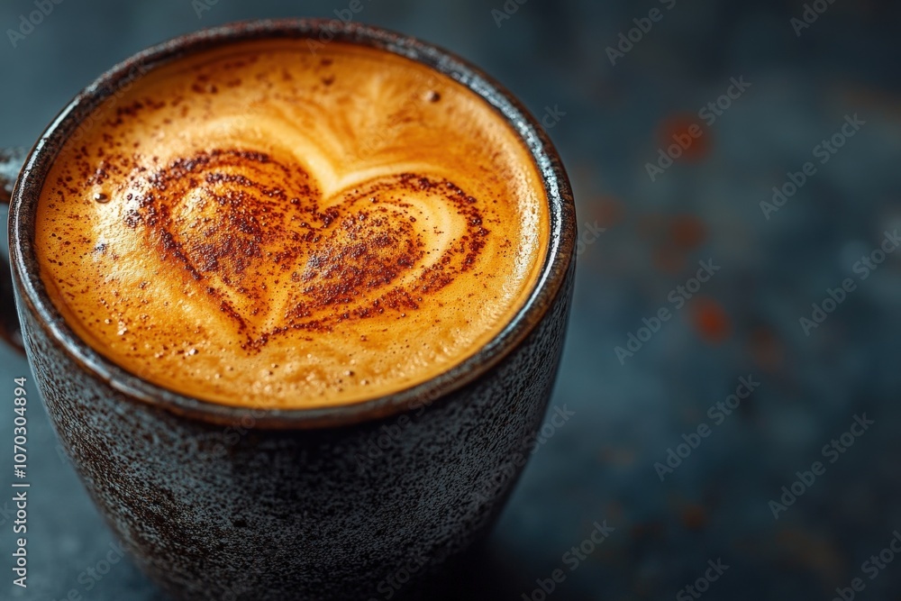 A finely crafted heart-shaped latte art decorates the surface of a rich cappuccino in a rustic cup. The warm beverage invites a cozy coffee break, highlighting skillful barista artistry.