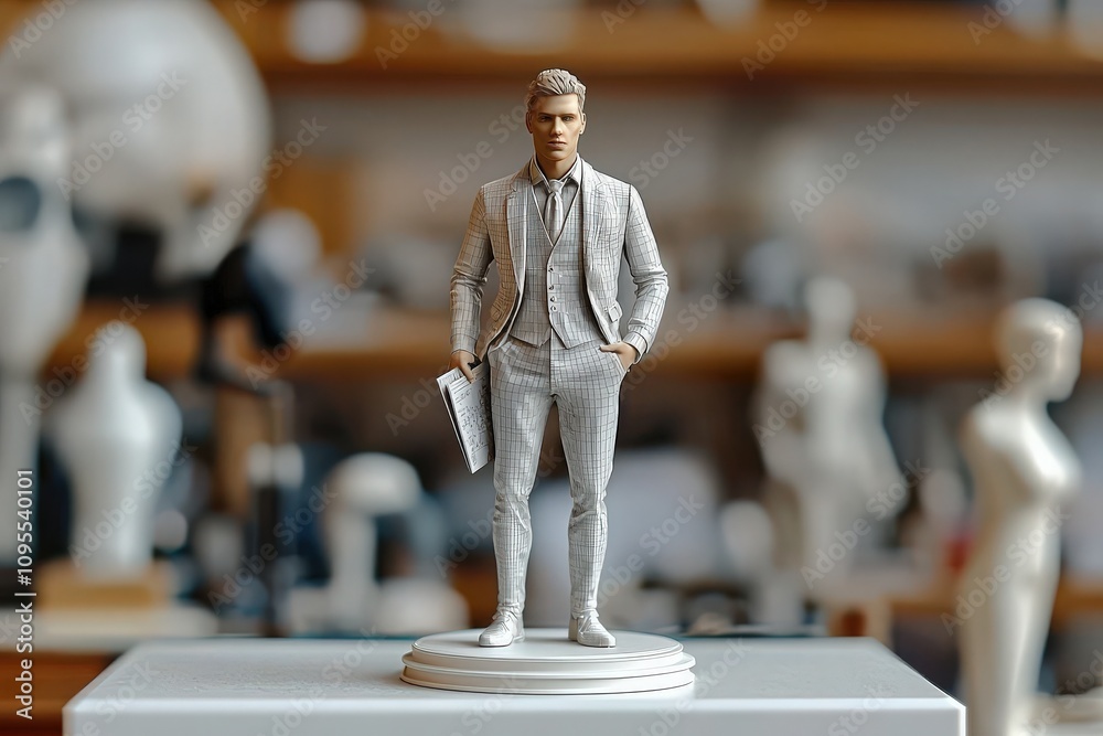 A finely detailed figurine of a man in a tailored grey suit stands confidently in a modern creative space. He holds a notepad and is surrounded by artistic elements and tools.