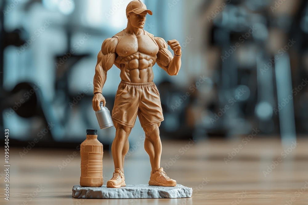A finely detailed statue of a muscular bodybuilder stands confidently, holding a water bottle, surrounded by gym equipment. The setting highlights strength and determination.