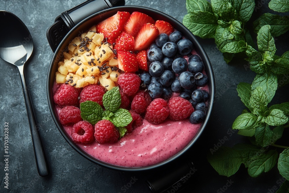 A fitness tracker sits beside a colorful bowl of fresh strawberries, blueberries, and raspberries, garnished with mint, emphasizing a health-focused meal.