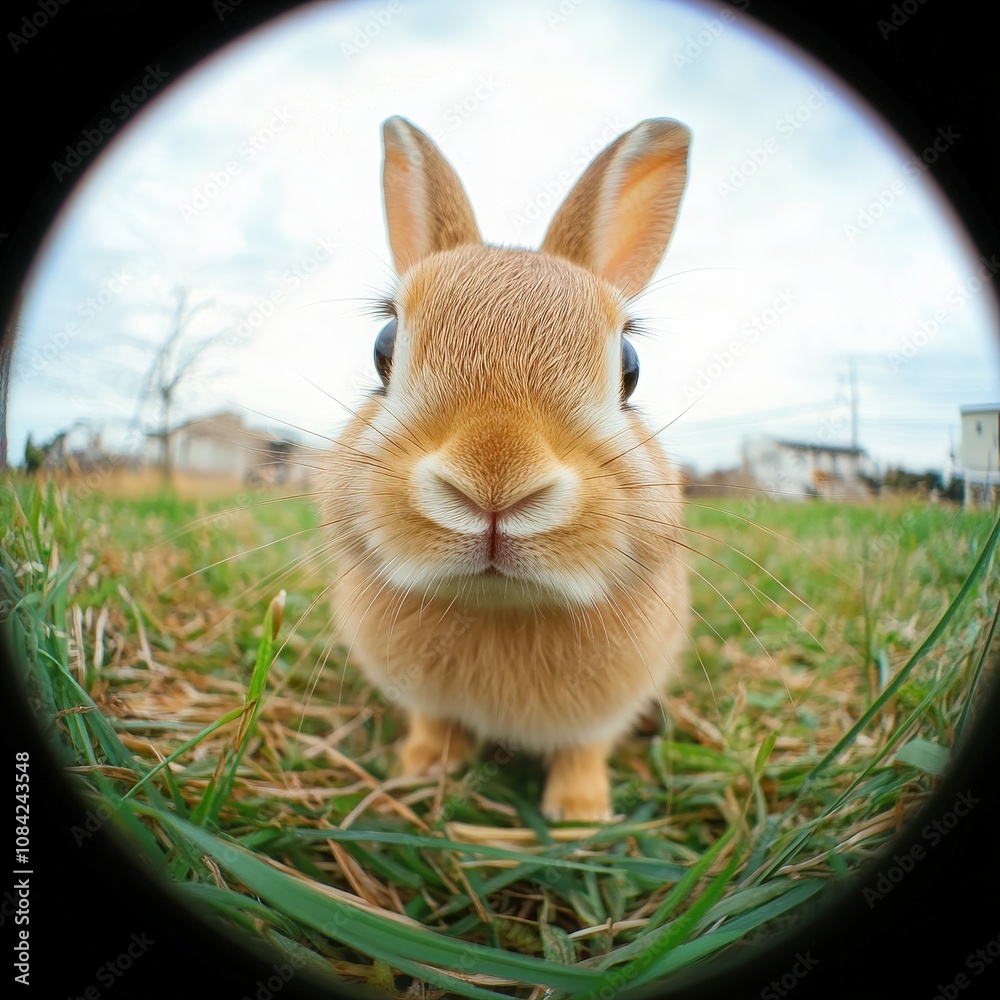 A fluffy little rabbit with soft fur is curiously exploring a grassy area. The sky is cloudy, and the quiet surroundings create a serene atmosphere, perfect for this gentle creature.