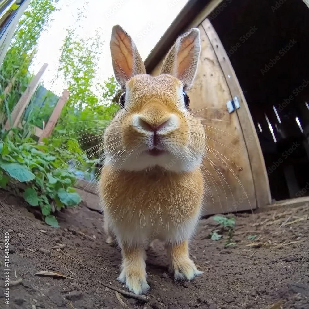 A fluffy rabbit stands curiously in a garden, surrounded by greenery and dirt. The sun shines down, and the rustic wooden shed adds an outdoor charm to this peaceful moment of exploration.