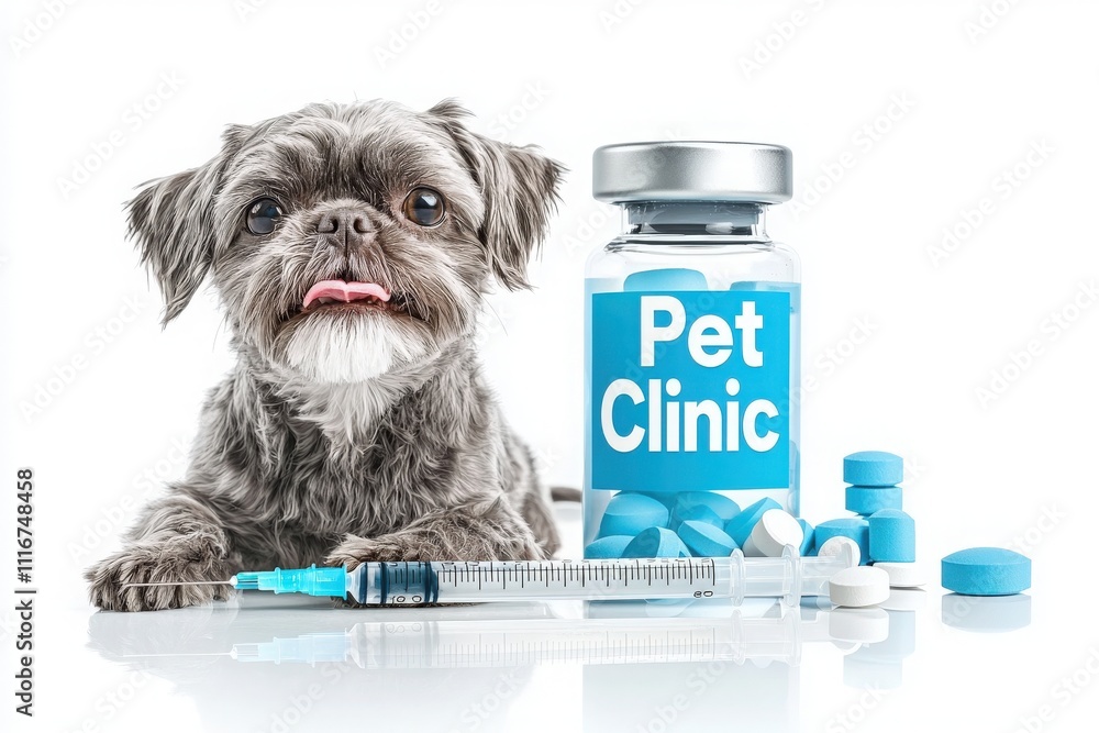 A fluffy small dog sits next to a syringe and a bottle labeled Pet Clinic filled with blue pills. The setting suggests a health checkup, emphasizing the pets care and well-being.