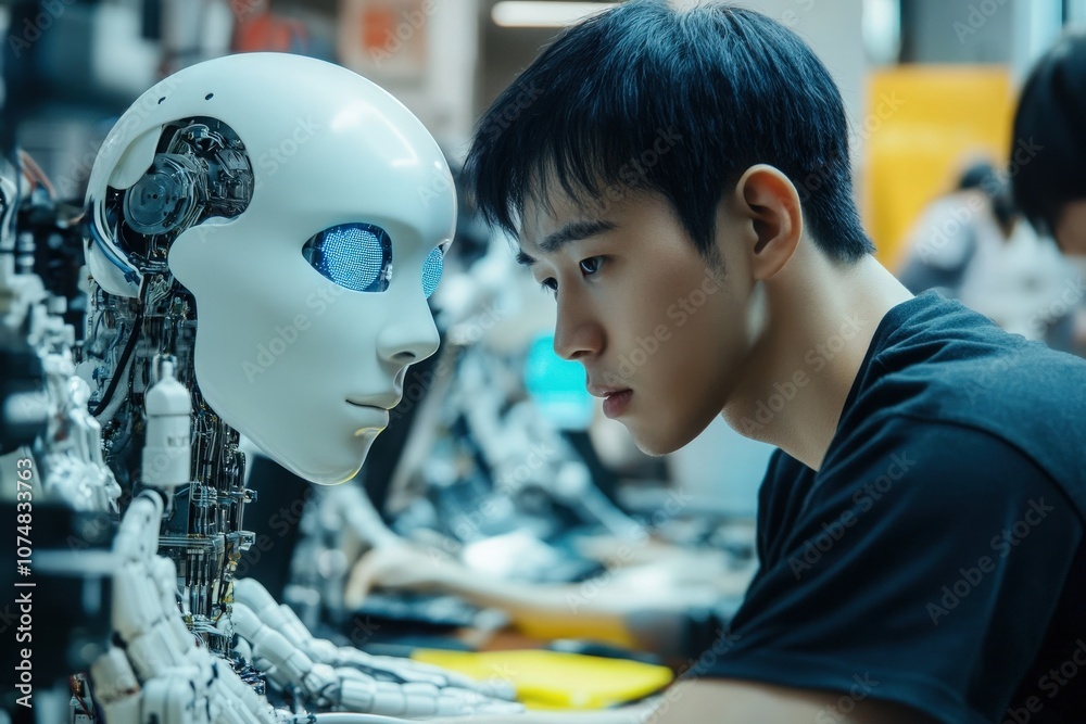 A focused Asian engineer interacts closely with a humanoid robot in a high-tech laboratory, working on artificial intelligence development and exploring innovative solutions.