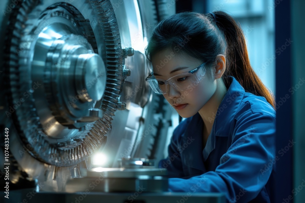 A focused group of Asian engineers is engaged in developing complex machinery within a contemporary workshop. They work meticulously, demonstrating skills in engineering and design.