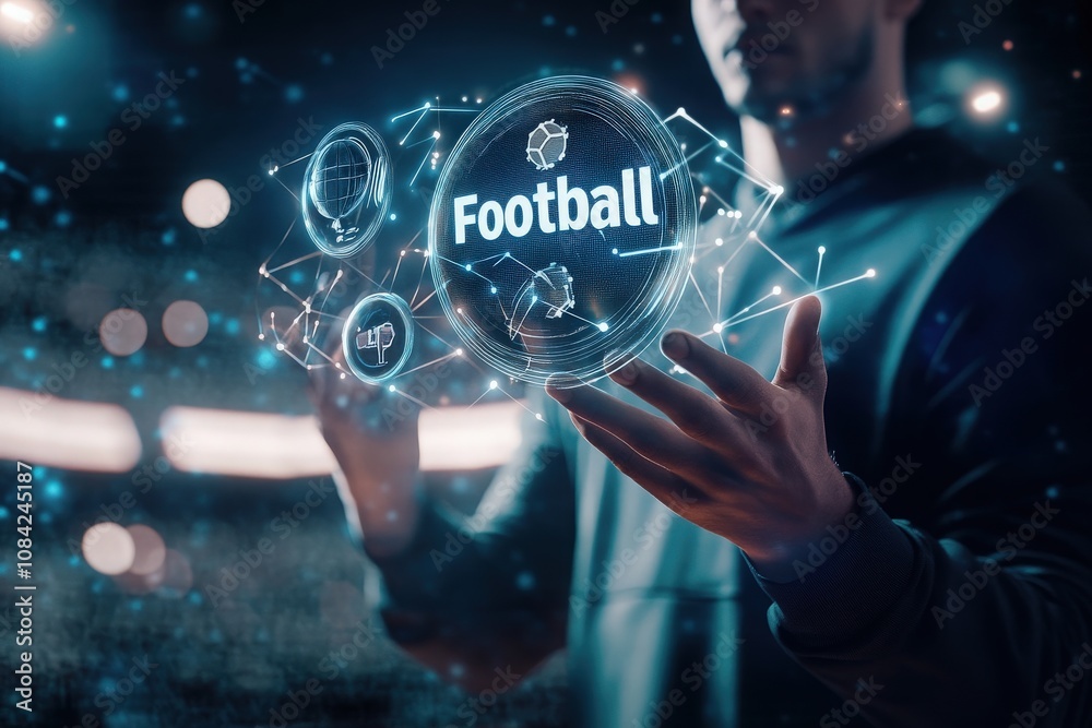 A football player holds glowing virtual icons representing football elements, showcasing the fusion of sport and technology.