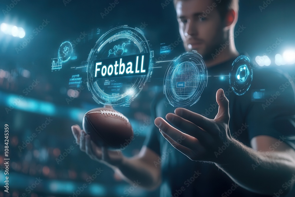 A football player stands in a futuristic stadium, holding a football while interacting with virtual icons and digital information. The setting captures the intersection of sports and technology.