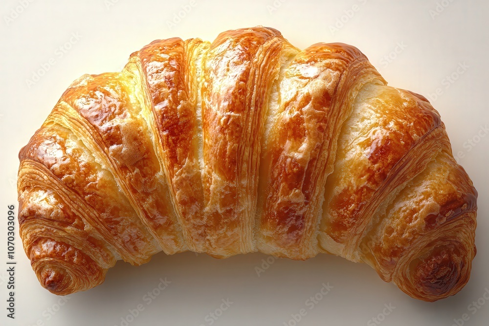 A freshly baked croissant displays rich golden layers, showcasing its flaky texture and delicious appeal. Warm and inviting, it highlights the art of pastry baking in a cozy kitchen environment.