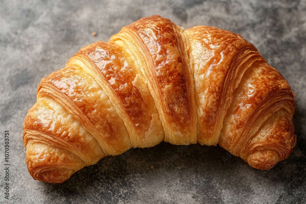 A freshly baked croissant rests atop a textured surface, showcasing its flaky layers and golden-brown crust. The warm pastry invites a delightful morning treat, perfect for breakfast.