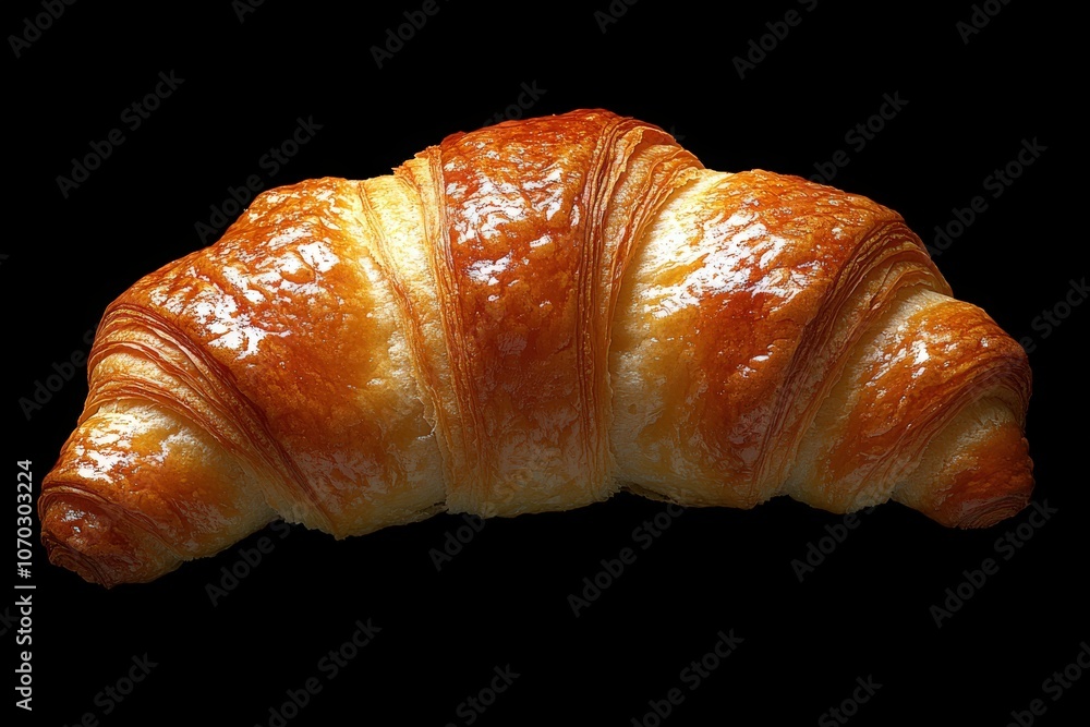 A freshly baked croissant sits on a black surface, showcasing its flaky, golden crust. The warm pastry emits a delicious aroma, perfect for breakfast or a snack.
