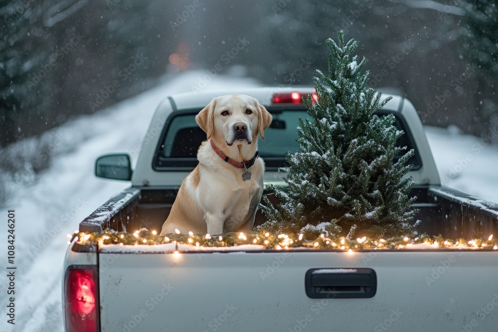 A friendly Labrador retriever sits in the bed of a truck, surrounded by a beautifully decorated Christmas tree and glowing fairy lights. Snow covers the ground in a serene winter setting.