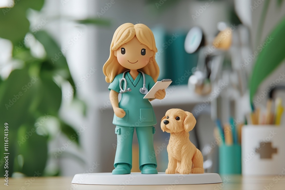 A friendly female veterinarian stands next to a golden retriever puppy in a bright clinic. She holds a clipboard and wears scrubs, surrounded by plants and medical equipment.