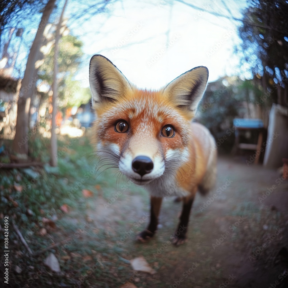 A friendly little fox curiously investigates its surroundings in a peaceful garden. The sun gently illuminates the area, creating a serene atmosphere for this playful creature.
