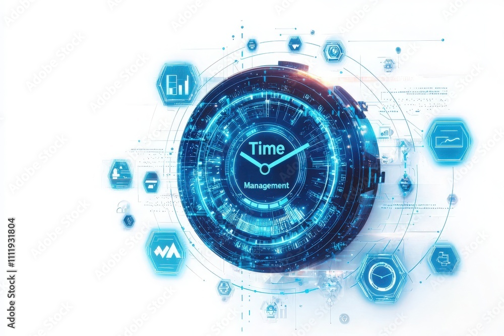A futuristic digital clock showcases the concept of time management, surrounded by various technology icons indicating analytics, productivity, and efficiency.