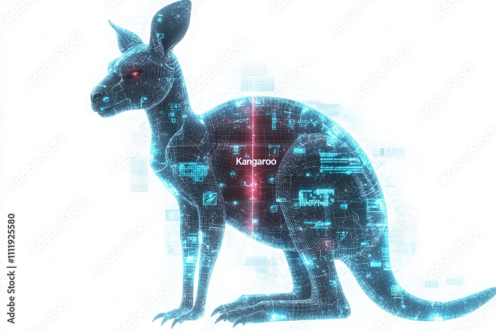 A futuristic representation of a kangaroo showcases intricate digital patterns and glowing circuits in a bright setting. The design combines the natural form of the animal with high-tech elements.