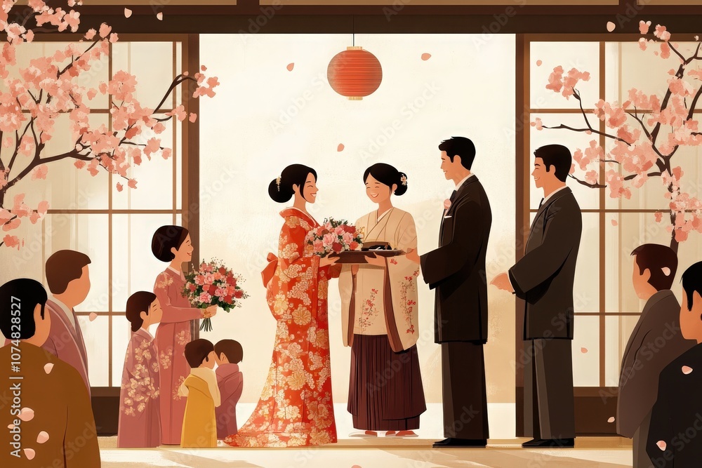 A gathering unfolds as an Asian couple exchanges heartfelt moments with their families amid vibrant cherry blossoms. The atmosphere is filled with joy and celebration of love.