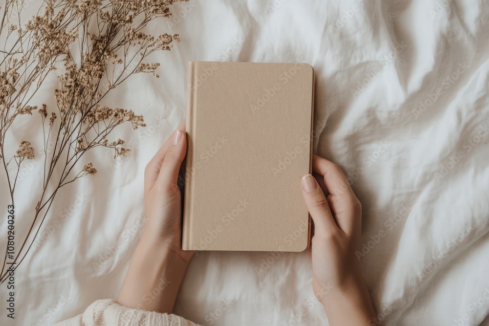 A gentle pair of hands cradles a soft beige notebook mockup, surrounded by delicate dried flowers on a white bedspread, creating a peaceful, inviting atmosphere for reflection or creativity.