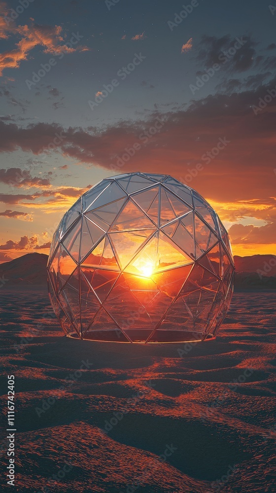 A geometric dome made of glass-like materials stands in the desert as the sun sets behind distant mountains, bathing the scene in warm orange and red hues, creating a tranquil atmosphere.