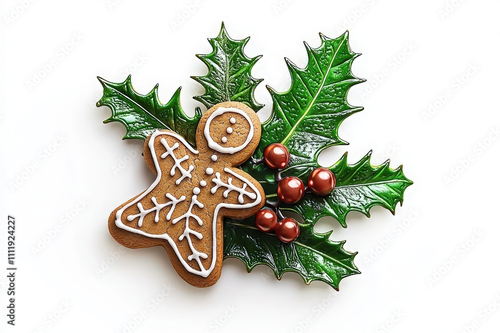 A gingerbread cookie shaped like a man rests among vibrant holly leaves and shiny red berries, symbolizing holiday cheer and seasonal decorations, perfect for festive celebrations.