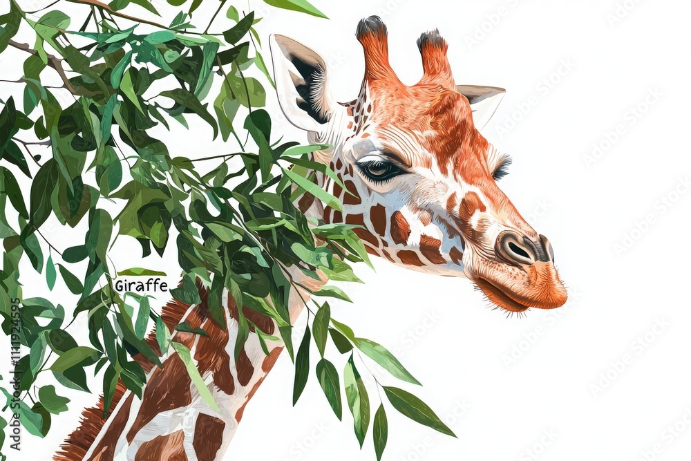 A giraffe is curiously peeking through the lush green leaves of a tree. Its distinctive pattern is clearly visible against the bright background, showcasing the animals gentle nature.