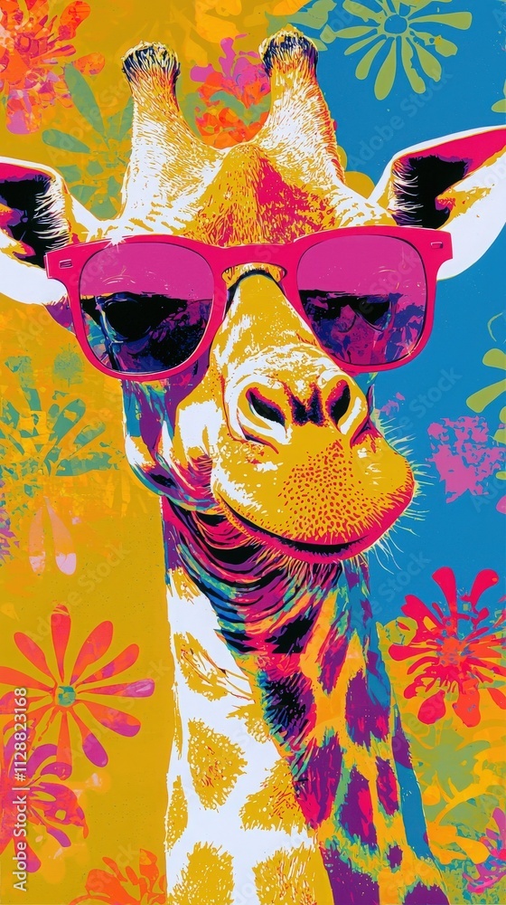 A giraffe sports stylish pink sunglasses against a bright background filled with colorful flowers and patterns. The playful atmosphere highlights the giraffes unique features.
