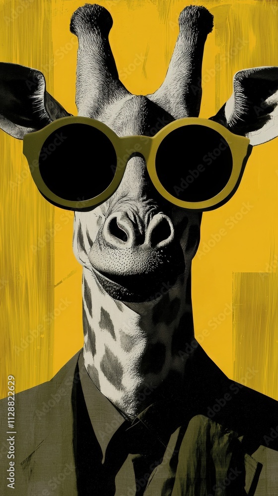 A giraffe stands confidently, sporting large, round sunglasses and a formal suit. The bold yellow background enhances the playful atmosphere, combining fashion and wildlife in a creative way.
