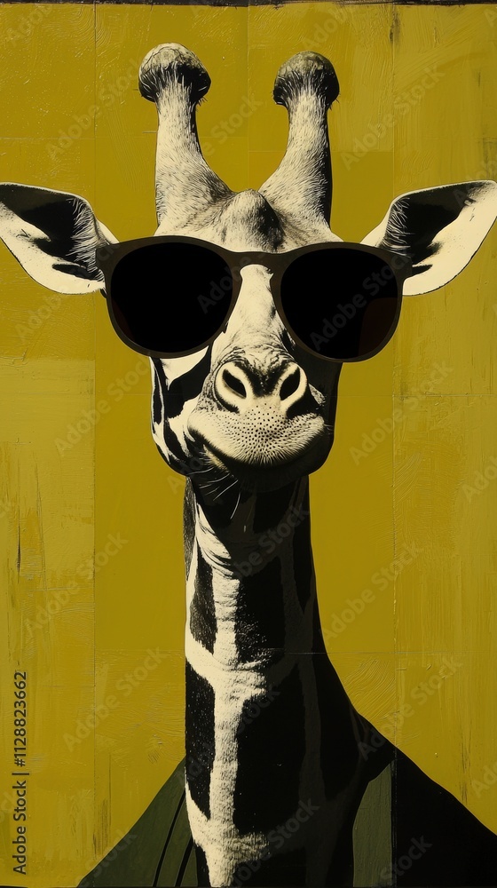 A giraffe stands confidently, wearing large sunglasses. The animals unique features are highlighted against a bold yellow backdrop, creating a cheerful and stylish vibe.