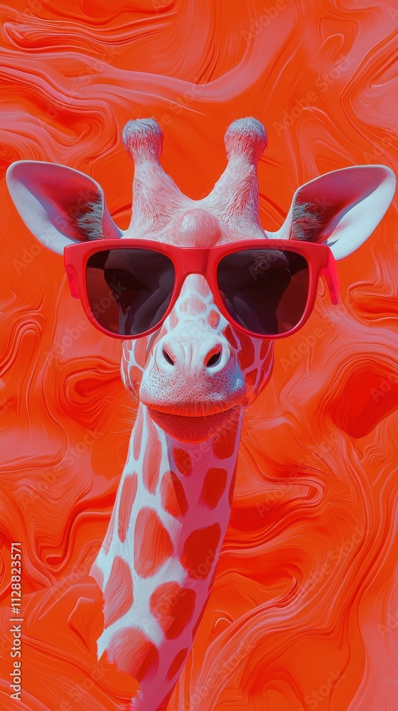 A giraffe stands confidently with oversized red sunglasses on its face, set against a bright red swirling background. The playful combination creates a whimsical and humorous effect.
