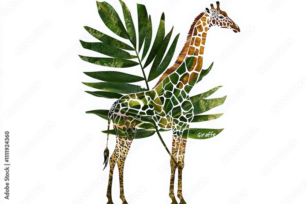 A giraffe stands elegantly surrounded by large tropical leaves, showcasing a vibrant and colorful artistic style.