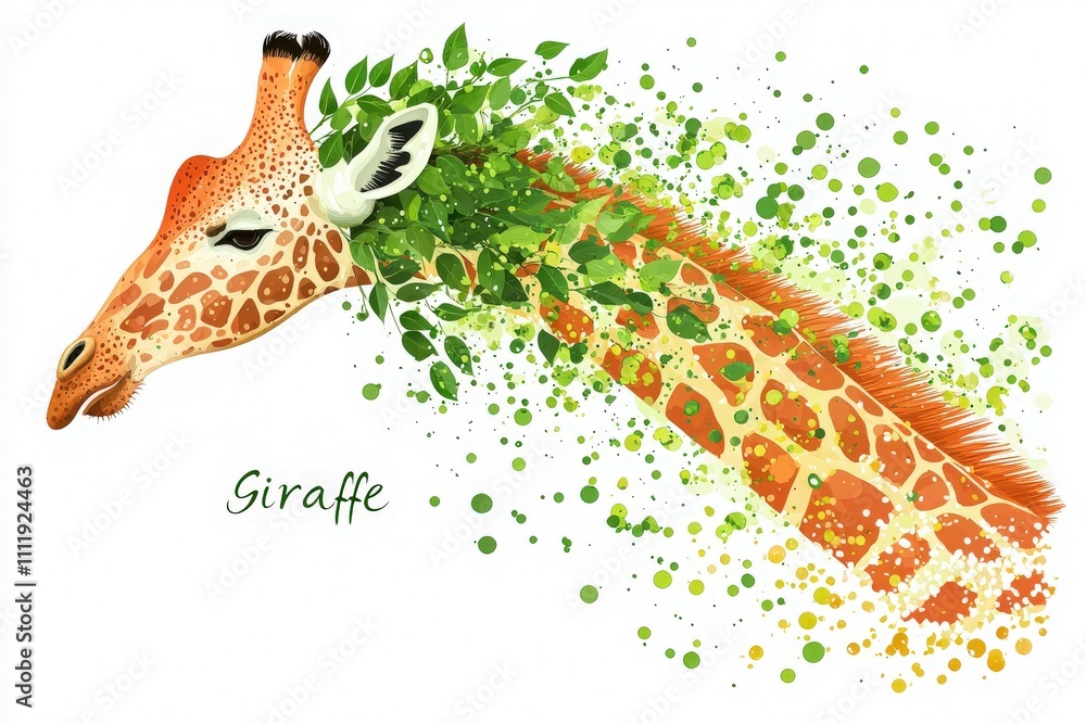 A giraffes head is depicted with lush green leaves and abstract shapes, showcasing an artistic blend of colors and textures to highlight the beauty of wildlife.