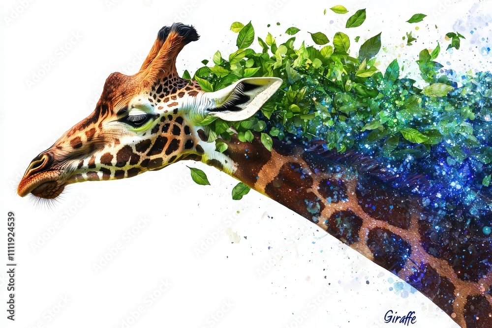 A giraffes head merges with lush green leaves and colorful patterns, symbolizing the harmony between wildlife and nature. The creative design captures the essence of the animals grace.