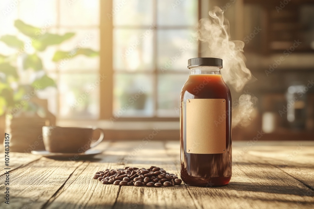 A glass bottle of cold brew coffee sits on a rustic wooden table, surrounded by coffee beans and a steaming mug. Sunlight streams in through the window, creating a warm atmosphere.