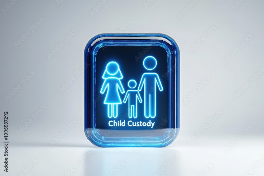 A glowing blue icon depicts a family of three, highlighting the concept of child custody. This symbol represents the relationships and legal considerations involved in family dynamics.