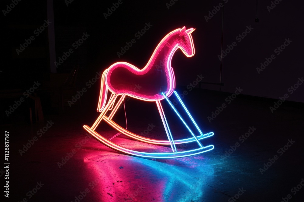 A glowing neon rocking horse stands in a dimly lit room, showcasing bright pink and blue lights. The artwork captures a whimsical yet modern feel, creating a captivating ambiance.