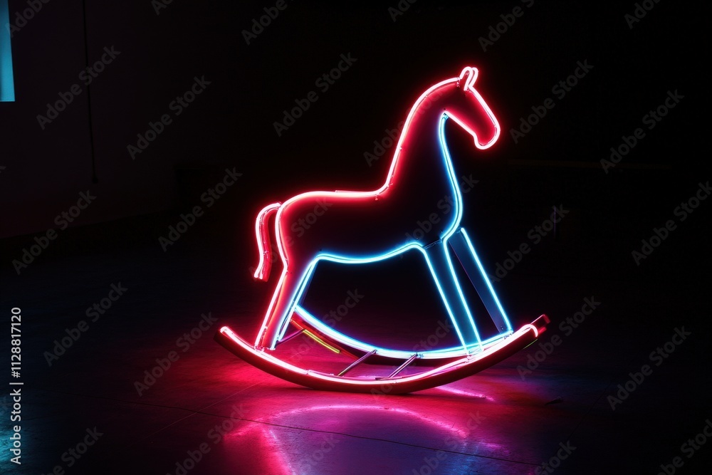 A glowing neon rocking horse stands prominently in a dimly lit area, showcasing bright pink and blue lights. Its artistic design captures attention, creating a playful atmosphere.