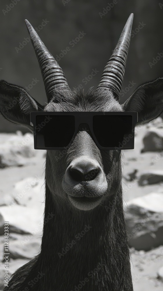 A goat sports oversized black sunglasses while standing against a barren rocky landscape. The unique look suggests a playful character in a dry environment.
