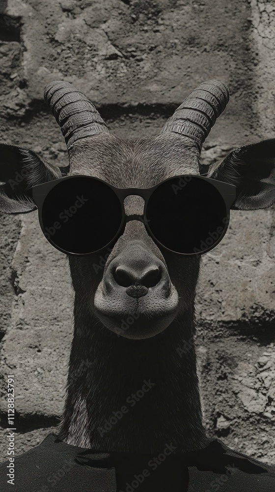 A goat stands confidently in front of a rough stone wall, sporting stylish black sunglasses. The unusual sight creates a humorous contrast between the animal and its surroundings.