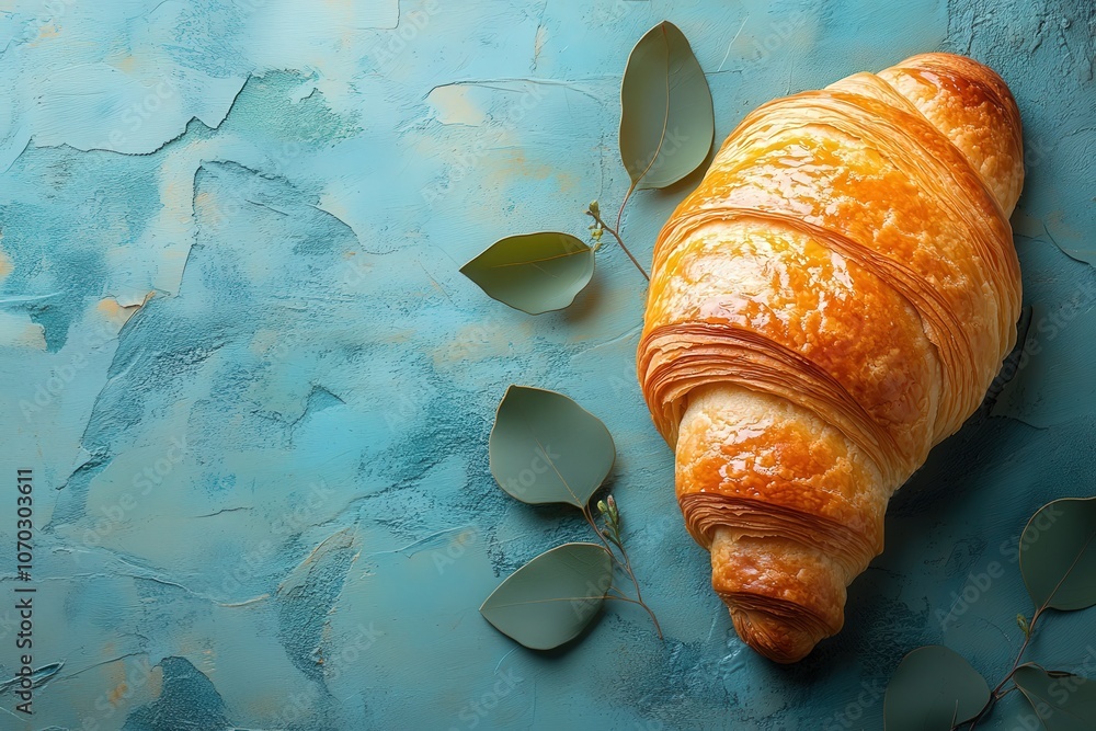 A golden, flaky croissant is placed on a vibrant blue textured surface alongside fresh green leaves, showcasing its inviting appearance and delicious layers.