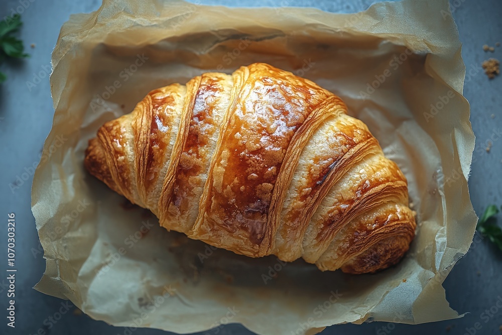 A golden, flaky croissant sits atop parchment paper, showcasing its perfectly baked layers. The warm kitchen adds a comforting touch to this delightful breakfast treat.