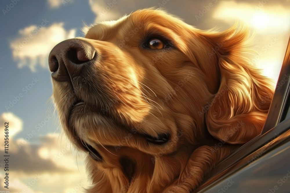 A golden retriever leans out of a car window, basking in the warm glow of the sunset. The dogs fur glistens in the light, capturing the essence of freedom and joy on a pleasant evening.