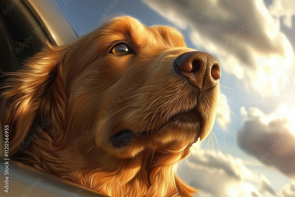 A golden retriever leans out of a car window, savoring the fresh air. The sun shines brightly, illuminating its fur, while fluffy clouds drift in the blue sky.