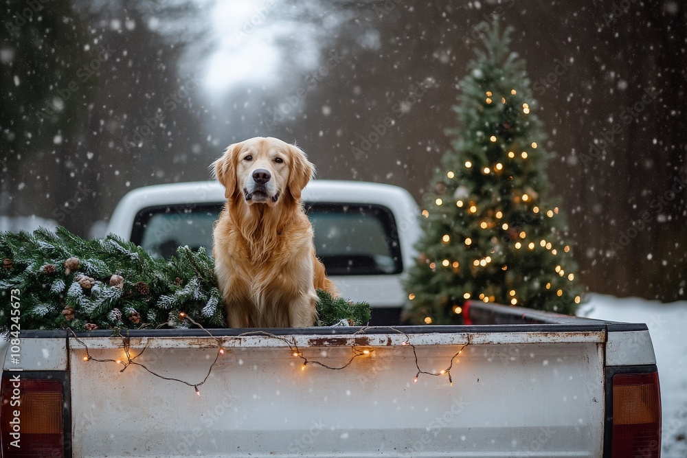 A golden retriever relaxes in the bed of a truck, surrounded by a freshly cut Christmas tree and snowfall. Soft lights twinkle nearby, creating a festive winter atmosphere.