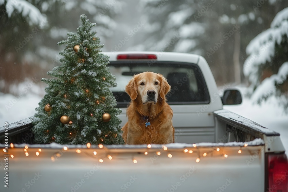 A golden retriever rests in the bed of a truck surrounded by snow. A decorated Christmas tree stands nearby, adding festive cheer to the winter landscape.
