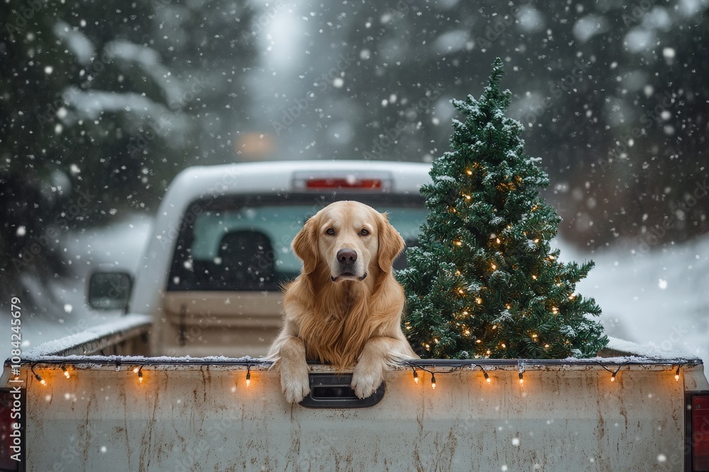 A golden retriever sits comfortably in the bed of a truck adorned with a Christmas tree. Snow falls gently around, creating a festive winter atmosphere, perfect for the holiday season.