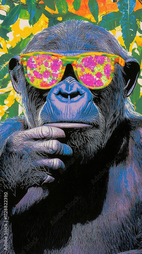 A gorilla rests its chin on its hand, wearing stylish, colorful sunglasses. Bright foliage surrounds the animal, creating a lively atmosphere.